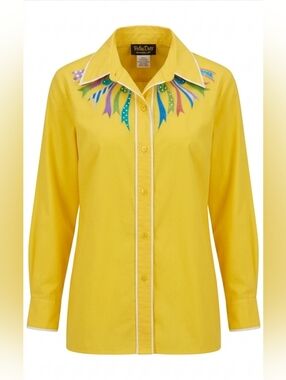 Bob Mackey Wearable Art Yellow Button Up Blouse Large Western Vintage Boho